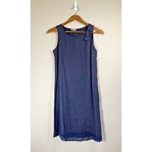 Bellambia Dress Womens XSMALL Navy Blue Linen Sleeveless Bow Lace Trim Shift